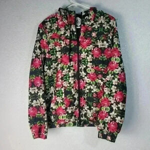 VOLCOM Girls Size Med/12 Mesh Lined Hooded Windbreaker Jacket Black Floral